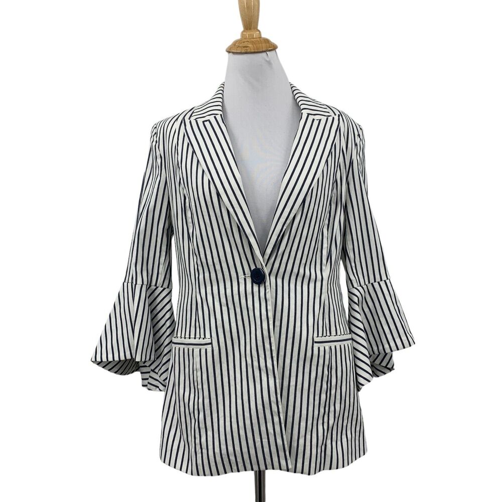 Cabi Blazer Womens 4 White Navy Striped Bell Sleeves Shoulder Pads Unicorn Lined